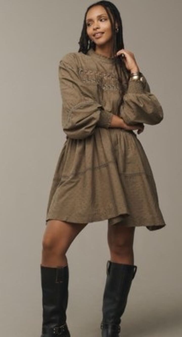 Pilcro Long Sleeve Mock Neck Swing Mini Dress Size L Rustic Olive Boho Eyelet